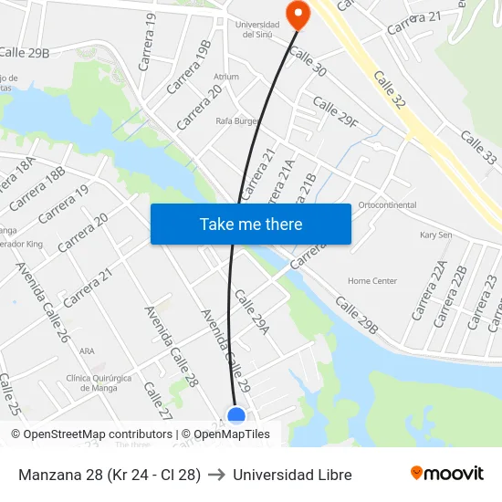 Manzana 28 (Kr 24 - Cl 28) to Universidad Libre map