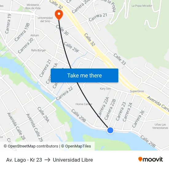 Av. Lago - Kr 23 to Universidad Libre map