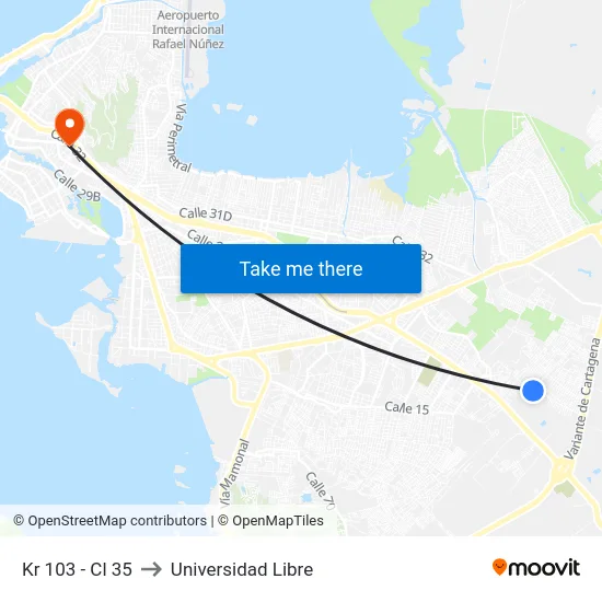 Kr 103 - Cl 35 to Universidad Libre map