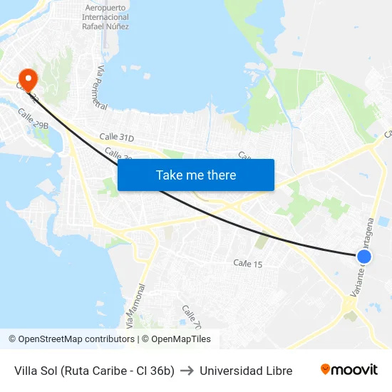 Villa Sol (Ruta Caribe - Cl 36b) to Universidad Libre map