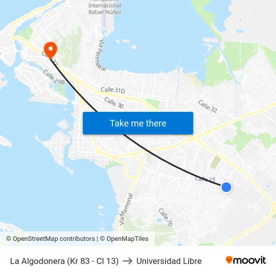 La Algodonera (Kr 83 - Cl 13) to Universidad Libre map