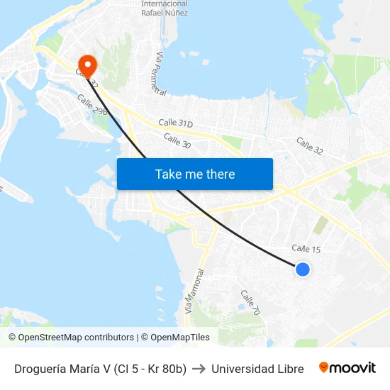 Droguería María V (Cl 5 - Kr 80b) to Universidad Libre map