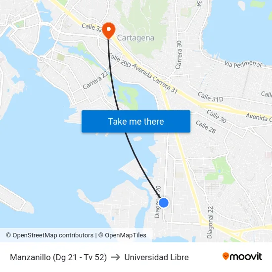 Manzanillo (Dg 21 - Tv 52) to Universidad Libre map