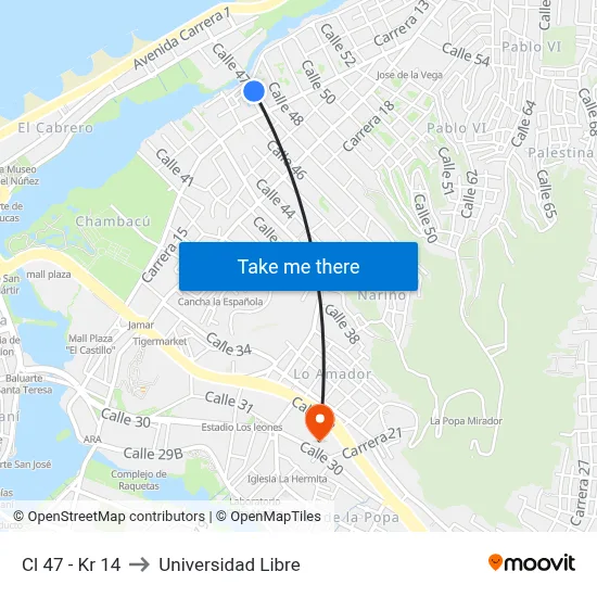Cl 47 - Kr 14 to Universidad Libre map