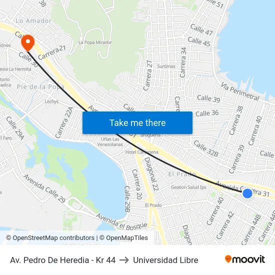 Av. Pedro De Heredia - Kr 44 to Universidad Libre map