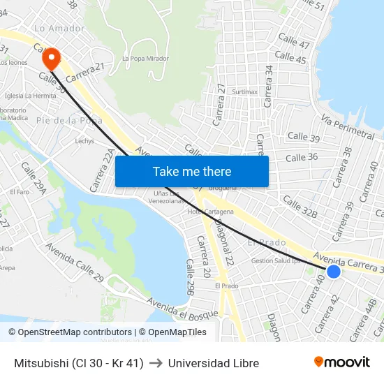 Mitsubishi (Cl 30 - Kr 41) to Universidad Libre map