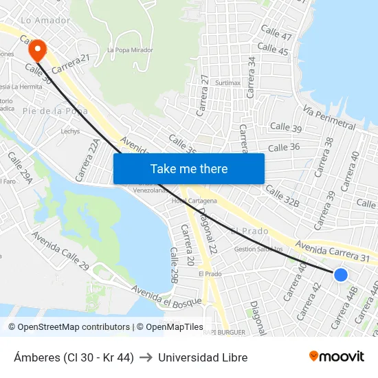 Ámberes (Cl 30 - Kr 44) to Universidad Libre map