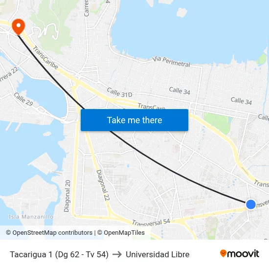 Tacarigua 1 (Dg 62 - Tv 54) to Universidad Libre map