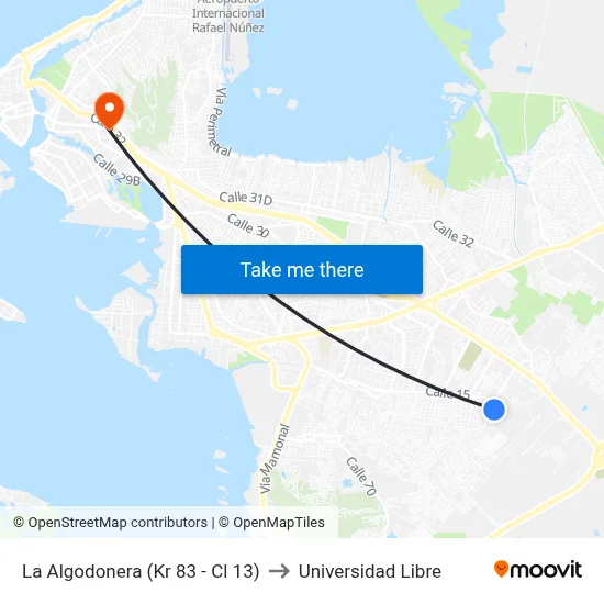 La Algodonera (Kr 83 - Cl 13) to Universidad Libre map