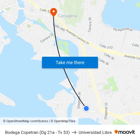 Bodega Copetran (Dg 21a - Tv 53) to Universidad Libre map