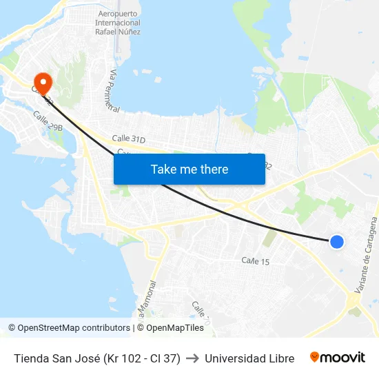 Tienda San José (Kr 102 - Cl 37) to Universidad Libre map