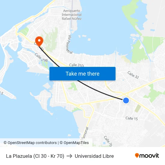 La Plazuela (Cl 30 - Kr 70) to Universidad Libre map