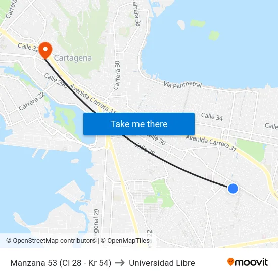 Manzana 53 (Cl 28 - Kr 54) to Universidad Libre map