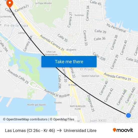 Las Lomas (Cl 26c - Kr 46) to Universidad Libre map