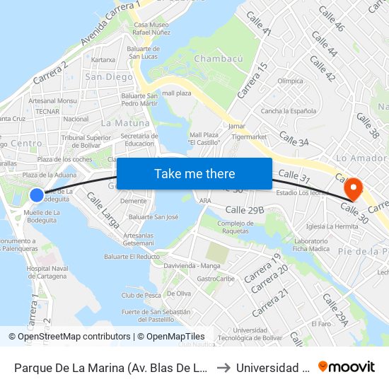 Parque De La Marina (Av. Blas De Lezo - Kr 1) to Universidad Libre map