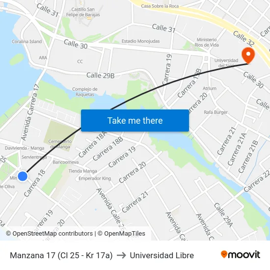 Manzana 17 (Cl 25 - Kr 17a) to Universidad Libre map