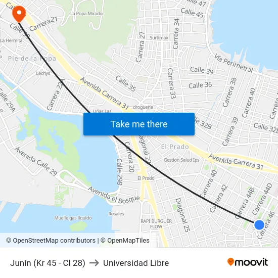 Junín (Kr 45 - Cl 28) to Universidad Libre map