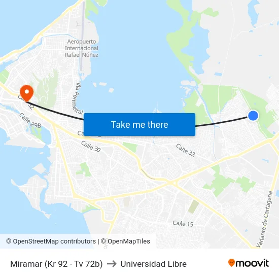 Miramar (Kr 92 - Tv 72b) to Universidad Libre map