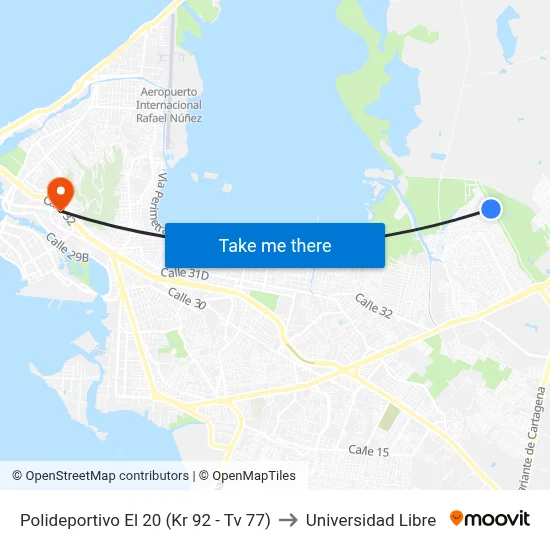 Polideportivo El 20 (Kr 92 - Tv 77) to Universidad Libre map
