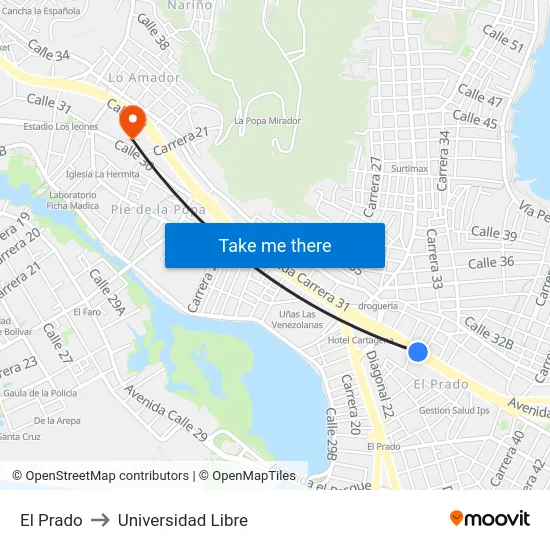 El Prado to Universidad Libre map
