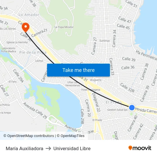 María Auxiliadora to Universidad Libre map
