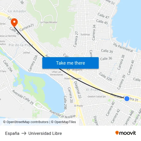 España to Universidad Libre map