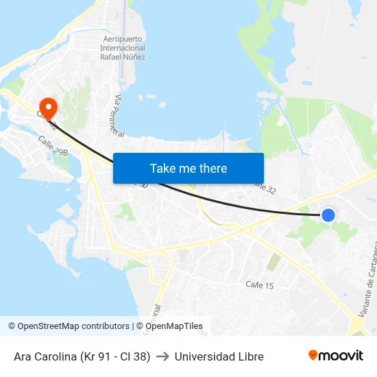 Ara Carolina (Kr 91 - Cl 38) to Universidad Libre map