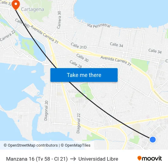 Manzana 16 (Tv 58 - Cl 21) to Universidad Libre map
