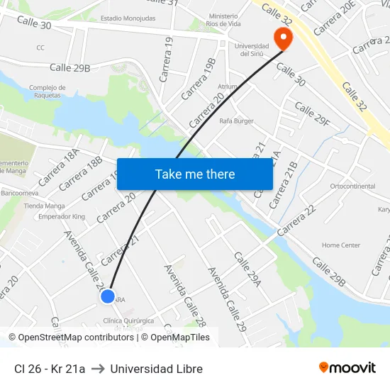 Cl 26 - Kr 21a to Universidad Libre map