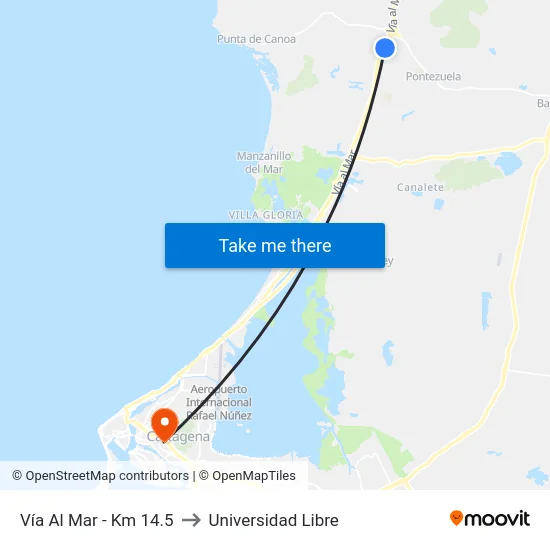 Vía Al Mar - Km 14.5 to Universidad Libre map