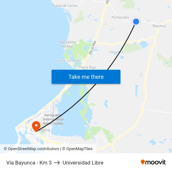 Vía Bayunca - Km 3 to Universidad Libre map