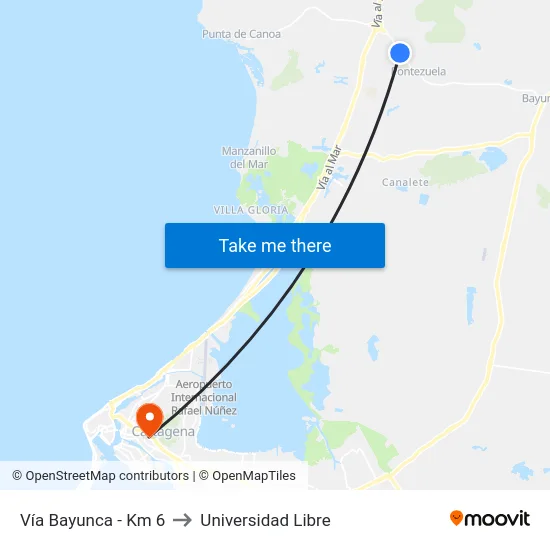 Vía Bayunca - Km 6 to Universidad Libre map