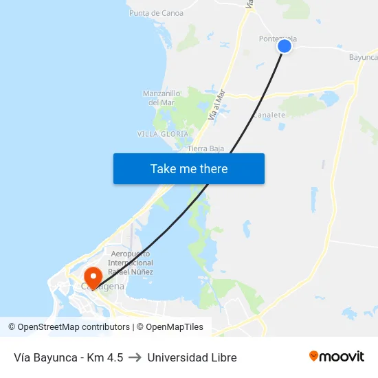 Vía Bayunca - Km 4.5 to Universidad Libre map