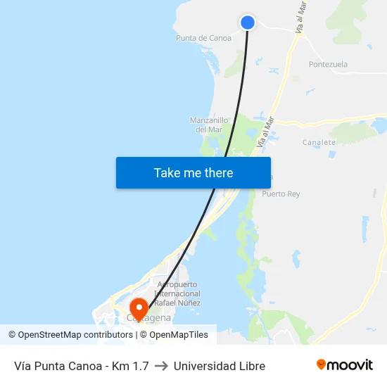 Vía Punta Canoa - Km 1.7 to Universidad Libre map