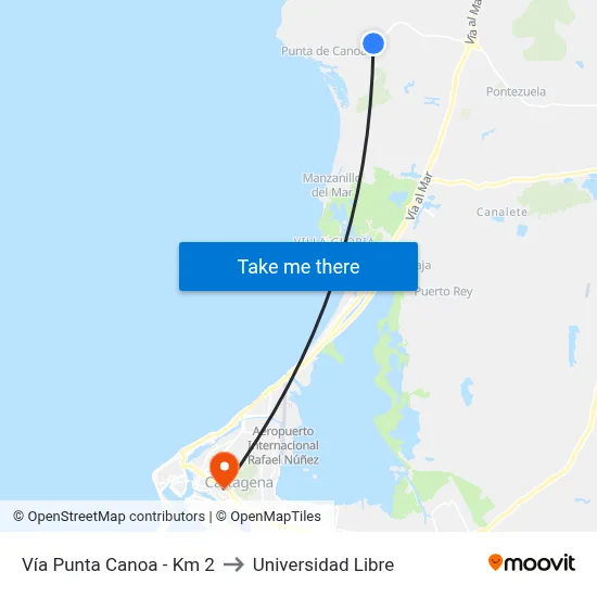 Vía Punta Canoa - Km 2 to Universidad Libre map