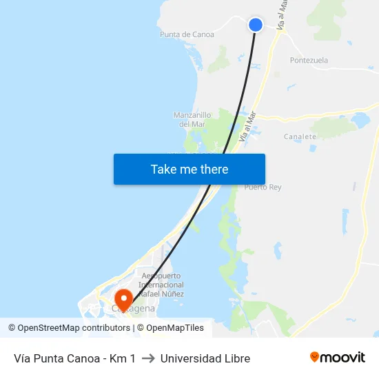 Vía Punta Canoa - Km 1 to Universidad Libre map