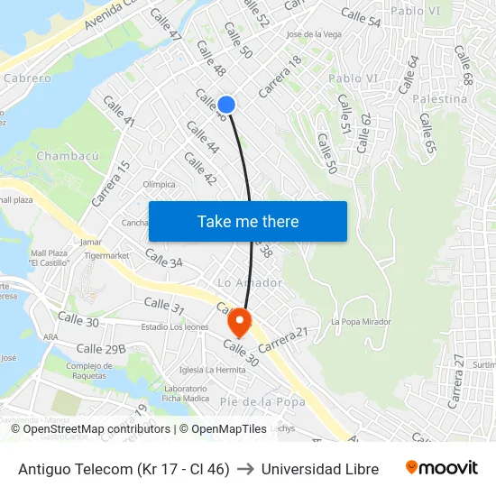 Antiguo Telecom (Kr 17 - Cl 46) to Universidad Libre map