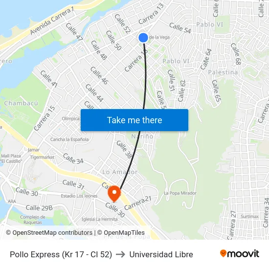Pollo Express (Kr 17 - Cl 52) to Universidad Libre map