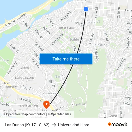 Las Dunas (Kr 17 - Cl 62) to Universidad Libre map