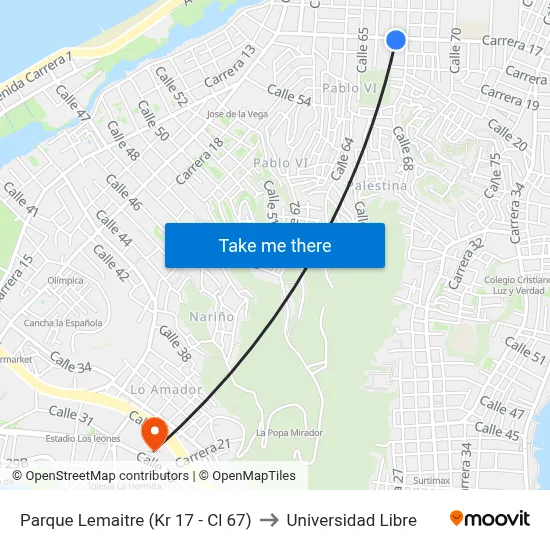 Parque Lemaitre (Kr 17 - Cl 67) to Universidad Libre map