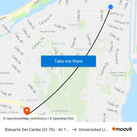Baluarte Del Caribe (Cl 70c - Kr 16a) to Universidad Libre map