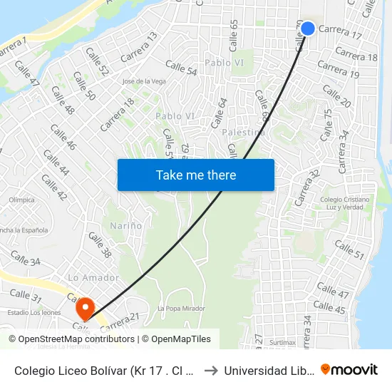 Colegio Liceo Bolívar (Kr 17 . Cl 70) to Universidad Libre map