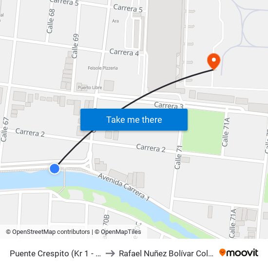 Puente Crespito (Kr 1 - Cl 70) to Rafael Nuñez Bolívar Colombia map