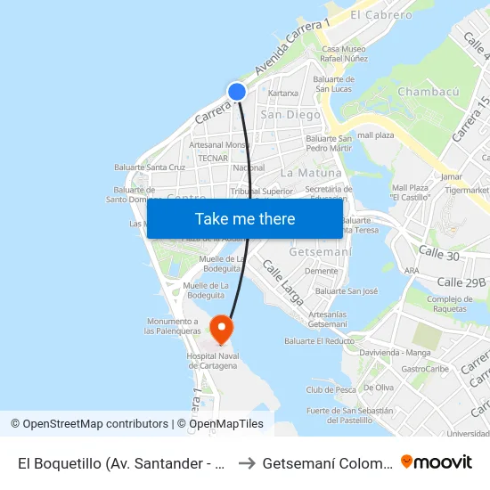 El Boquetillo (Av. Santander - Kr 6) to Getsemaní Colombia map