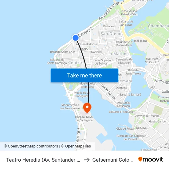 Teatro Heredia (Av. Santander - Kr 4) to Getsemaní Colombia map