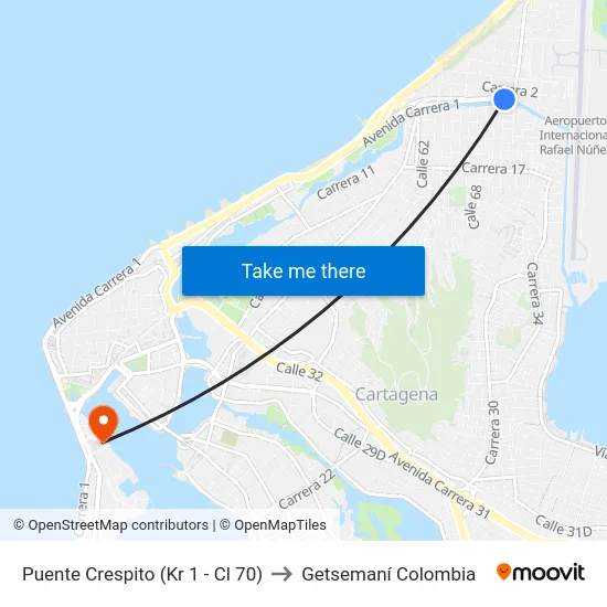 Puente Crespito (Kr 1 - Cl 70) to Getsemaní Colombia map