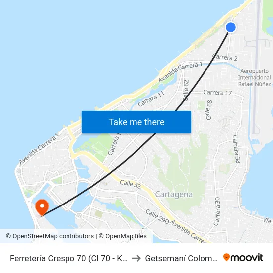 Ferretería Crespo 70 (Cl 70 - Kr 7) to Getsemaní Colombia map
