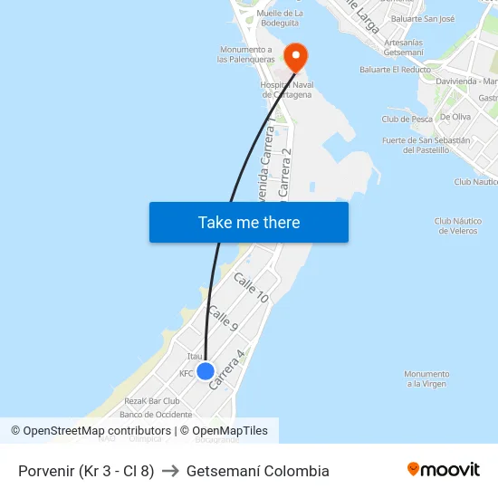 Porvenir (Kr 3 - Cl 8) to Getsemaní Colombia map