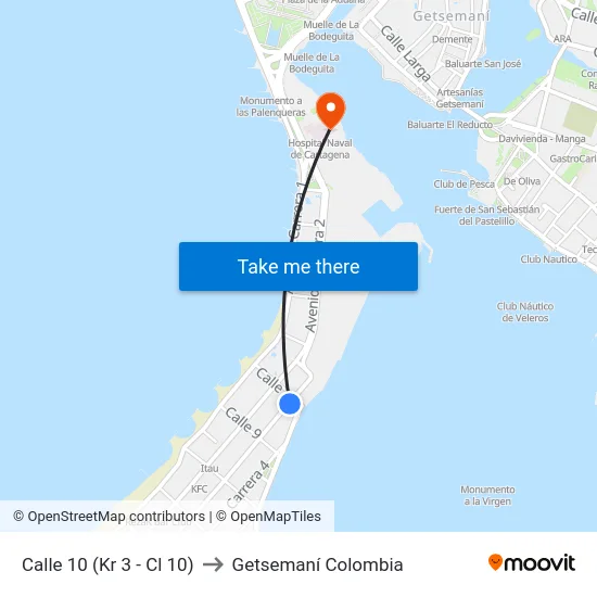 Calle 10 (Kr 3 - Cl 10) to Getsemaní Colombia map