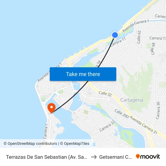 Terrazas De San Sebastian (Av. Santander - Cl 42a) to Getsemaní Colombia map